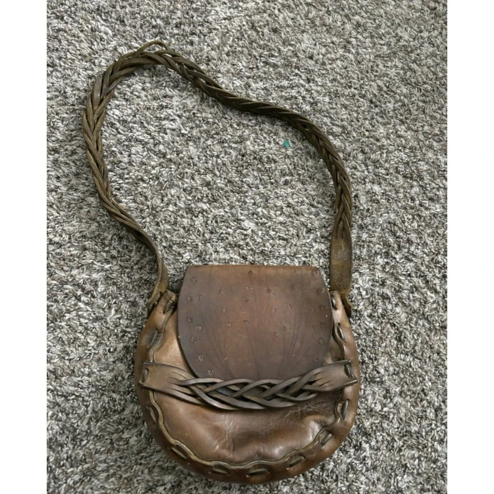 Vintage Hippie Hobo Brown Leather Handcrafted Bag Purse Flower Power Western 70s